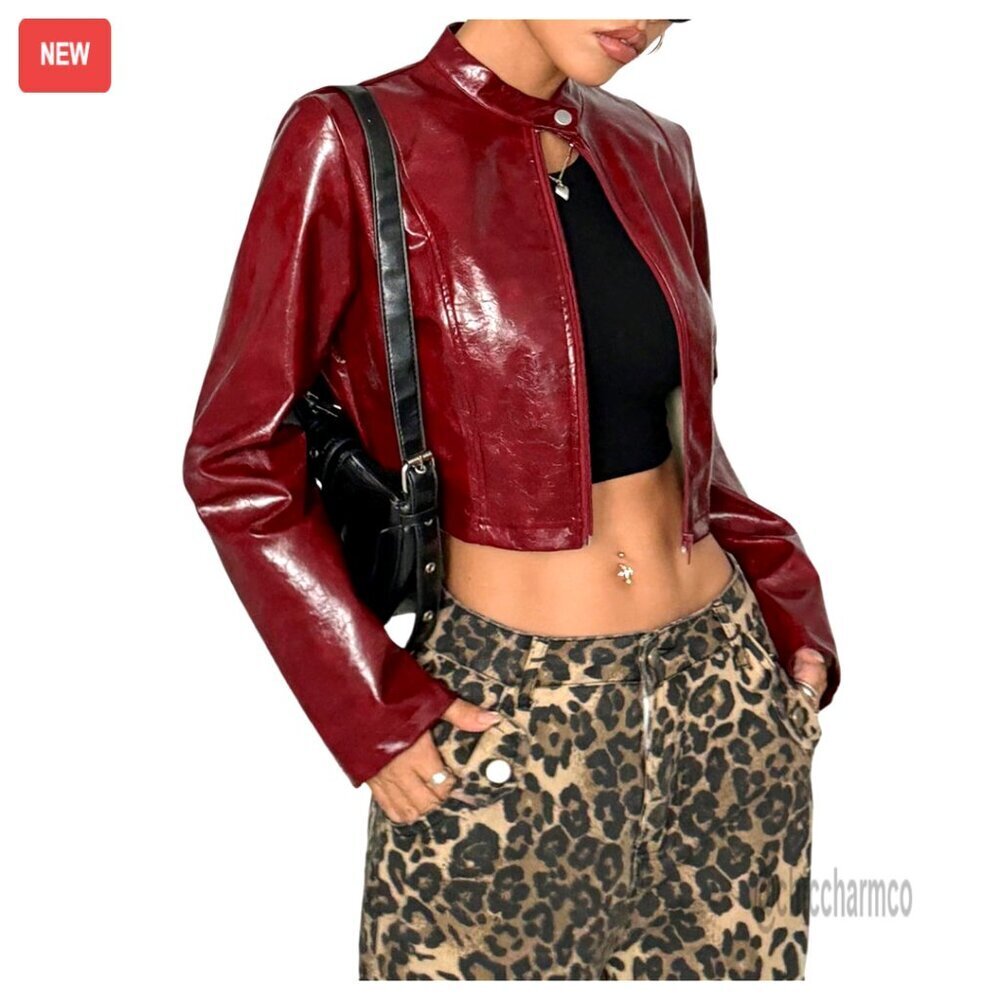 Leather Cropped Bomber Jacket, Motorcycle Style, Zip Up, Streetwear Outerwear